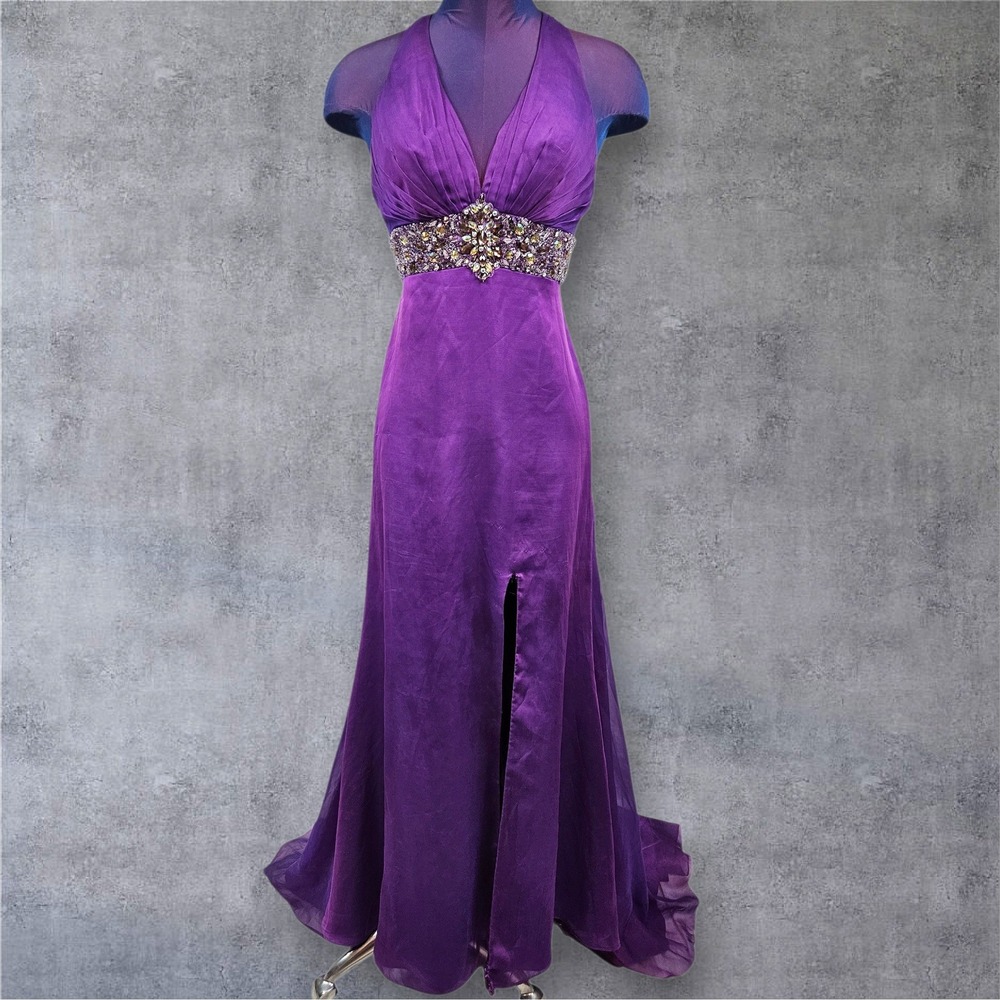 Riva Designs Purple Halter Neck Beaded Waist Gown Formal Evening Dress Prom 4